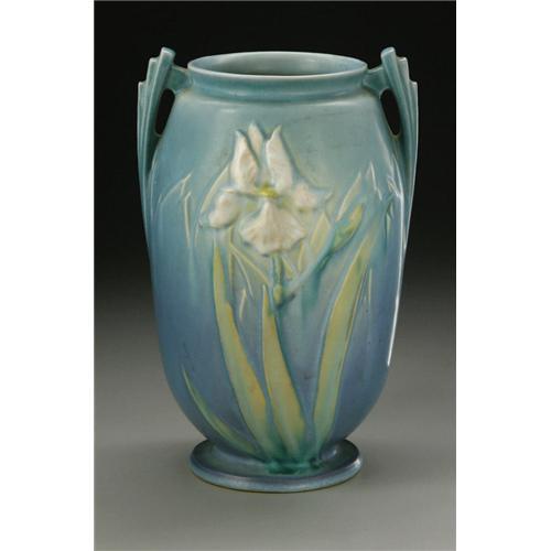 "A ROSEVILLE 'IRIS' PATTERN VASE, 1938 AN AMERICAN POTTERY VASE"