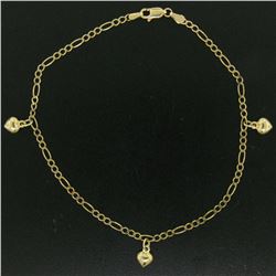 14K Yellow Gold Puffed Heart Charm Figaro Link 10" Anklet Ankle Bracelet 3.5g