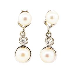 0.10 ctw Diamond and Pearl Earrings - 14KT White Gold