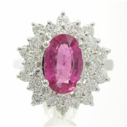 3.66 Carat Round Cut Rubellite Diamonds Oval Cut Flower Ring 14k White Gold