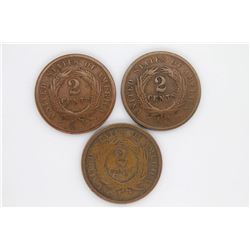 Three (3ct) US 1864 Two Cent Pieces VG-F