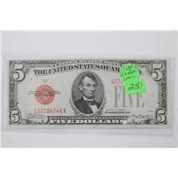 1928 C RED SEAL FIVE DOLLAR NOTE AU