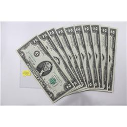 Lot of 10 UNC Two Dollar Bills Some Consecutive