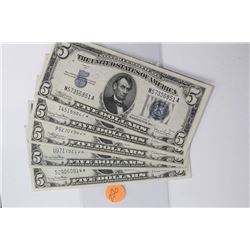 Group of Five 1934C/D $5.00 Silver Certs XF-CU