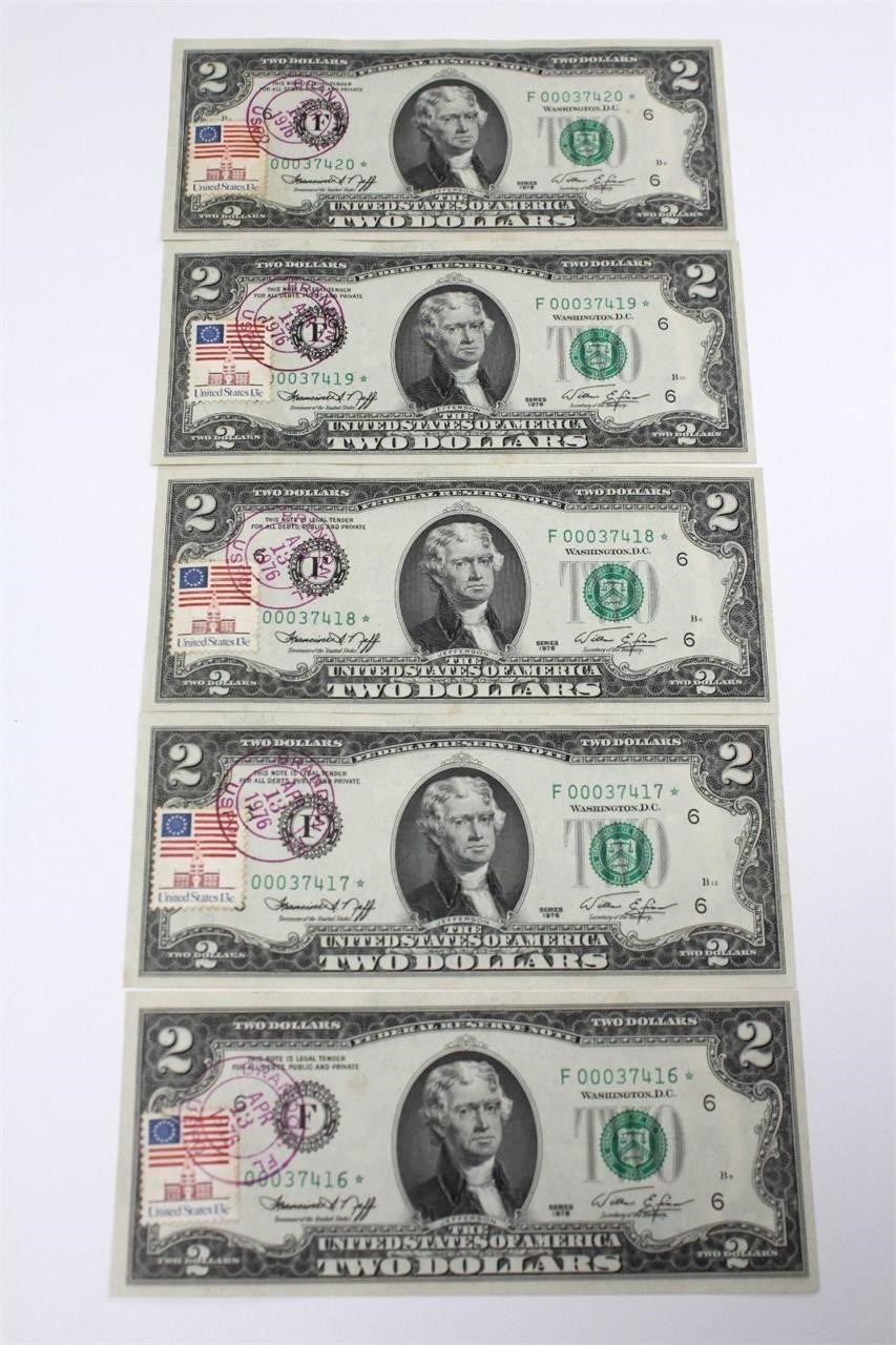 5 Consecutive FDI Bicentennial $2 Star Notes Unc