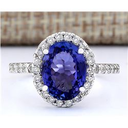 3.63 CTW Natural Blue Tanzanite And Diamond Ring 18K Solid White Gold