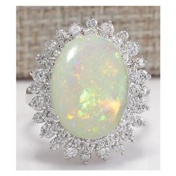 5.86 CTW Natural Australian Opal And Diamond Ring In 18K Solid White Gold