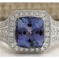 5.10 CTW Natural Blue Tanzanite And Diamond Ring 18K Solid White Gold