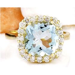 3.90 CTW Natural Aquamarine 18K Solid Yellow Gold Diamond Ring