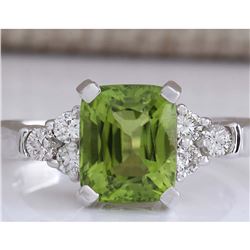 3.38 CTW Natural Green Peridot And Diamond Ring 18K Solid White Gold