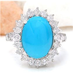 7.00 CTW Natural Turquoise 18K Solid White Gold Diamond Ring