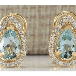 2.76 CTW Natural Aquamarine And Diamond Earrings 14k Solid Yellow Gold