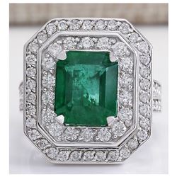 4.59 CTW Natural Emerald And Diamond Ring 18K Solid White Gold