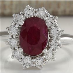 3.38 CTW Natural Ruby And Diamond Ring 18K Solid White Gold