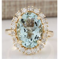 6.27 CTW Natural Aquamarine And Diamond Ring In 18K Yellow Gold