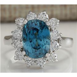 6.07 CTW Natural Blue Zircon And Diamond Ring 14K Solid White Gold