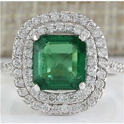 3.62 CTW Natural Emerald And Diamond Ring In 14K White Gold