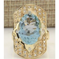 7.35 CTW Natural Aquamarine And Diamond Ring In 18K Yellow Gold