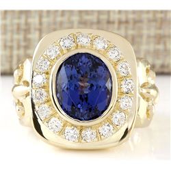 6.81 CTW Natural Blue Tanzanite And Diamond Ring 18K Solid Yellow Gold