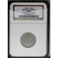 	1751-A SOU M French Colonies Sou Marque AU55 NGC. Vlac 1751-A