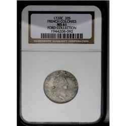 	1720-C 20 Sols 20 Sols French Colonies MS61 NGC. Gadou 1720-C 20 Sols French Colonies MS61 NGC.