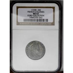 	1720-R 20 Sols French Colonies MS62 NGC. Gadoury-295. R 1720-R 20 Sols French Colonies MS62 NGC.