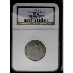 	1720-S 20 Sols French Colonies MS61 NGC. Gadoury-295. I 1720-S 20 Sols French Colonies MS61 NGC.