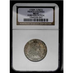 	1720-A 1/3 Ecu French Colonies MS61 NGC. Gadoury-305. A 1720-A 1/3 Ecu French Colonies MS61 NGC.