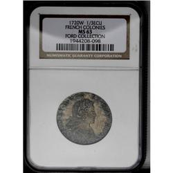 	1720-W 1/3 Ecu French Colonies MS63 NGC. Beautiful aqua 1720-W 1/3 Ecu French Colonies MS63 NGC.
