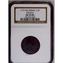 	1773 1/2P Virginia Halfpenny, No Period AU55 NGC. Eigh 1773
