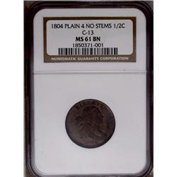 	1804 1/2 C Plain 4, No Stems MS61 Brown NGC. C-13, B-1 1804