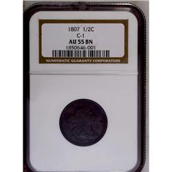 	1807 1/2 C AU55 NGC. C-1, B-1, R.1, the only die pairi 1807