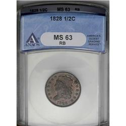 	1828 1/2 C 13 Stars MS63 Red and Brown ANACS. C-3, B-2 1828