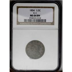 	1854 1/2 C MS64 Brown NGC. B-1, C-1, R.1. This exquisi 1854