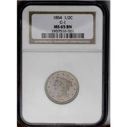 	1854 1/2 C MS65 Brown NGC. C-1, B-2, R.1. Fire-red lus 1854