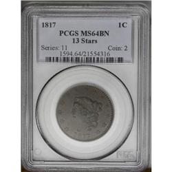 	1817 1C 13 Stars MS64 Brown PCGS. N-13, R.1. A satiny 1817
