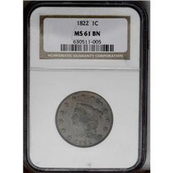 	1822 1C MS61 Brown NGC. N-6, R.3. A strong inner circl 1822