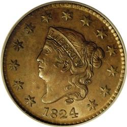 	1824 1C MS63 Brown PCGS. N-2, R.2. The reverse die is 1824