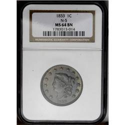 	1833 1C MS64 Brown NGC. N-5, R.1. About evenly divided 1833