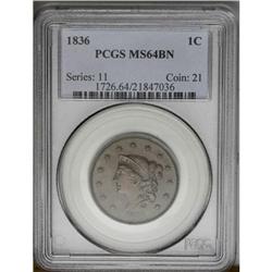 	1836 1C MS64 Brown PCGS. N-4, R.3. The Es in the rever 1836