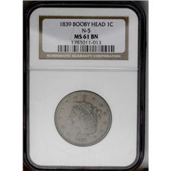 	1839 1C Booby Head MS61 Brown NGC. N-10, R.3. N-5 and 1839