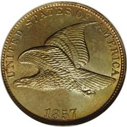 	1857 1C MS65 NGC. Beautiful lime-green, peach, and gol 1857