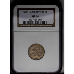 	1858 1C Large Letters MS64 NGC. Low Leaves, Closed E. 1858