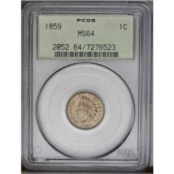 	1859 1C MS64 PCGS. A satiny golden-brown near-Gem. Ess 1859