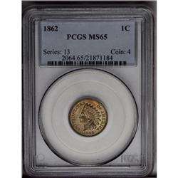 	1862 1C MS65 PCGS. Bright golden color with frosty lus 1862
