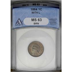	1864 1C L On Ribbon MS63 Brown ANACS. Reddish-tan and 1864