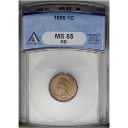	1865 1C Plain 5 MS65 Red and Brown ANACS. A lustrous a 1865