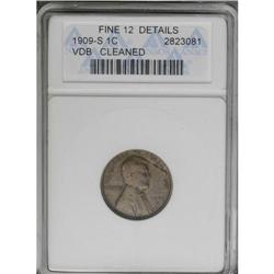 	1909-S VDB 1C --Cleaned--ANACS. Fine 12 Details. A circ 1909-S VDB