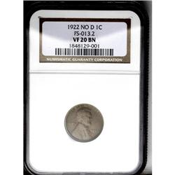 	1922 No D 1C Strong Reverse VF20 NGC. FS-013.2. A circ 1922 No D