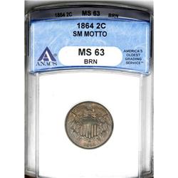 	1864 2C Small Motto MS63 Brown ANACS. A popular variet 1864